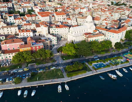 Aerial photo of Old Town in Sibenik with The Cathedral of St. James, Croatiaのeditorial素材