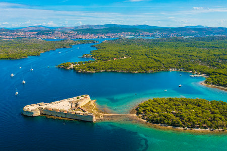 Aerial view of St. Nicholas Fortress near Sibenik, Croatiaのeditorial素材