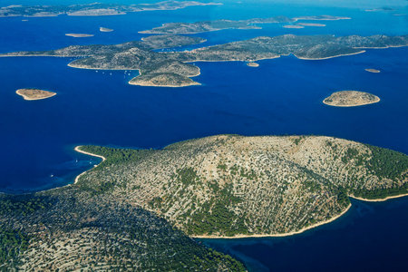 The aerial view of the islets, the Adriatic Sea in Croatiaの写真素材