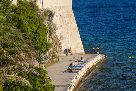 Urban beach near the old town of Rab, the Adriatic Sea in Croatiaのeditorial素材