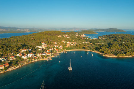 Aerial view of Prvic Luka town on Prvic Island, the Adriatic Sea in Croatiaのeditorial素材