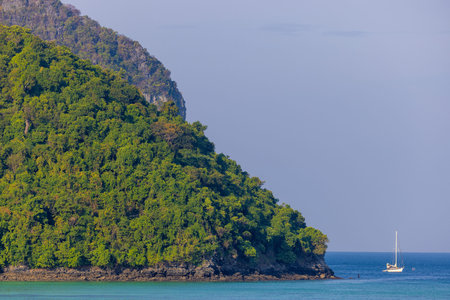 Lush green coastal rocks of Phi Phi Don in Thailand