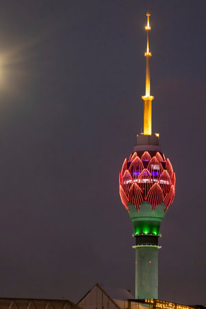 Lotus Tower illuminated at dusk in Colombo, Sri Lankaのeditorial素材