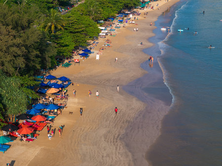 Aerial view of Weligama Beach with surfers riding the waves, Sri Lankaのeditorial素材