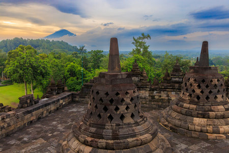 Stone Stupas of Borobudur Temple at Sunrise, Indonesiaのeditorial素材
