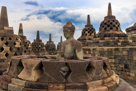 Stone Stupas of Borobudur Temple at Sunrise, Indonesiaのeditorial素材