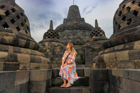 Stone Stupas of Borobudur Temple at Sunrise, Indonesiaのeditorial素材