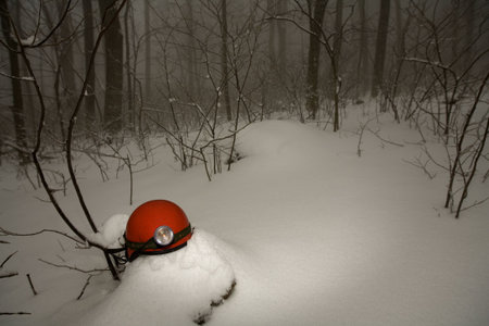 searcher's helmet with headlamp in a snowy forest