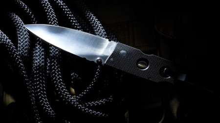 Folding self defense knife that is on a black rope