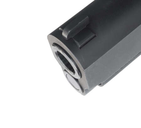 Barrel end of a handgun that is isolated on whiteの写真素材