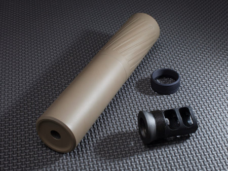 Suppressor and adapter that holds it on a rifle barrel