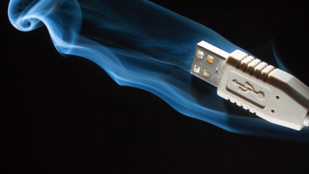 USB computer connector that is smoking on a black background