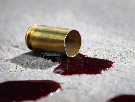 Single piece of handgun brasa on concrete with blood around