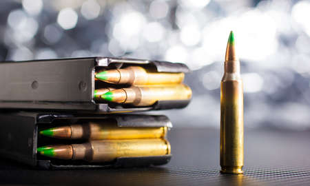 AR-15 ammunition with green tipped bullets and magazinesの写真素材