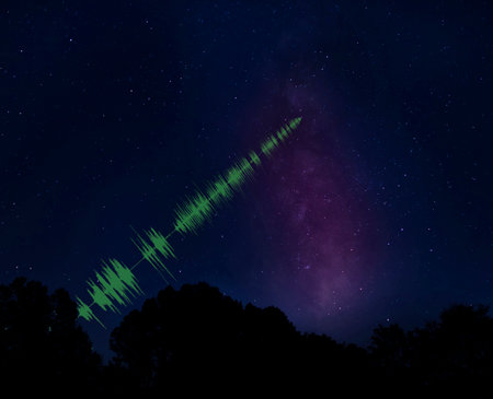 Radio waves from the Milky Way landing on earth at nightの写真素材