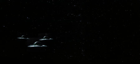UFOs in formation to attack with stars and copy space