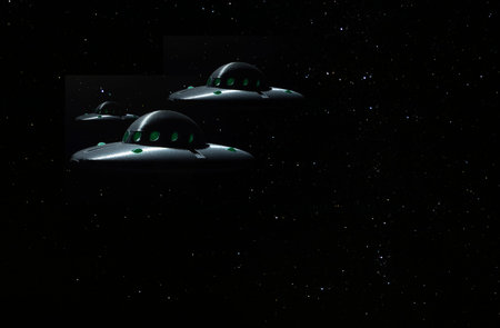 Flying saucers leading an alien invasion with stars behind