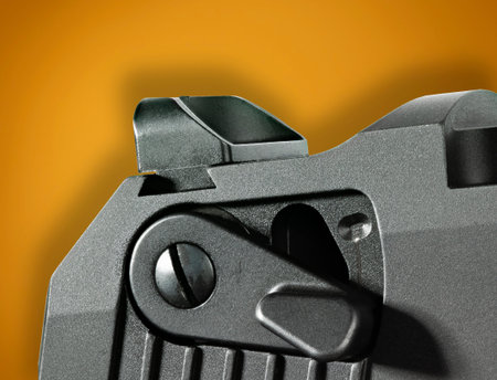 Safety and rear sight on a handgun with brown background