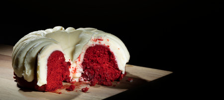 Red velvet cake for dessert with copy space on blackの写真素材
