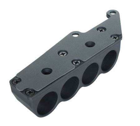 Side saddle shotshell carrier for a shotgun isolated with the rubber gasket that keeps it from scratching the shotgun mounted.の写真素材