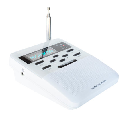 Digital weather radio showing a high wind watch issued for the immediate area on its screen that is followed by a loud audible alarm.の写真素材