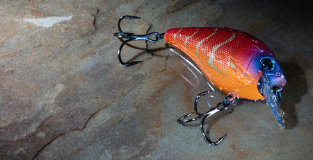 Fishing lure that is read and purple wet on a rock with copy spaceの写真素材