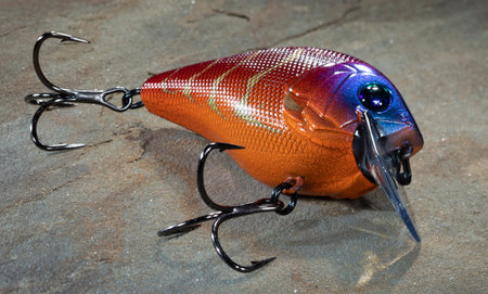 Bright orange fishing bait thast is on a rockの写真素材