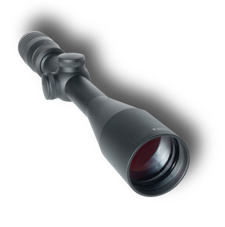 Shadow above and behind a Riflescope with a magnification range of four to 12 with an objective lens that has a crimson tintの写真素材