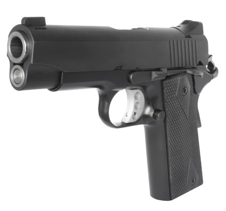 Semi-auto handgun isolated and angled toward the viewerの写真素材