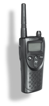 Small handheld walkie-talkie for ultra high frequency use on the shortwave bands with shadow behind.の写真素材
