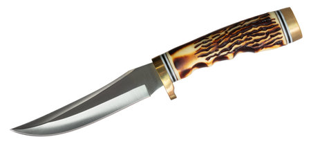Long steel blade on a fixed blade knife with a handle that looks like bone that is ideal for...