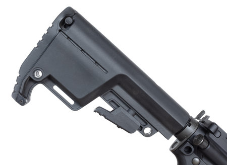 Isolated AR-15 stock installed that has an adjustable length of pull, storage beneath the rubber recoil pad and two quick detach sling mounts on a white background.の写真素材