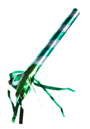 Green and silver noisemaker pointed slightly down seen from above ideal for celebrations and holidays, including Christmas and St. Patrick's Day.の写真素材