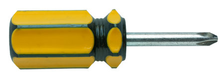 Side view of a screwdriver with a cross shaped head that has a yellow and black handle isolated on a white background.の写真素材