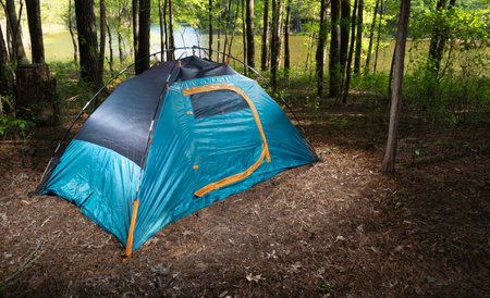 Brightly lit remote campsite with lake behind in a thick forest that showcases the simple pleasures of an outdoor lifestyle.の写真素材