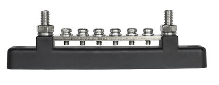 Side view of a black electronics busbar with a black base and multiple connection points on a white  background.の写真素材