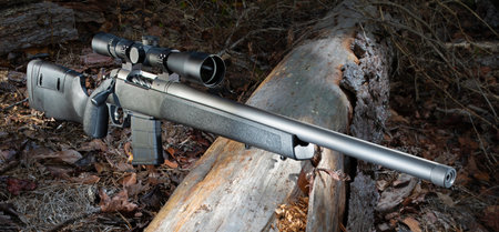 Deadfall in the forest with a bolt action rifle with a riflescope resting on top and ready for hunting.の写真素材