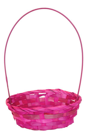 Front view and slightly above in a studio shot is an isolated and empty pink wicker Easter basket.の写真素材