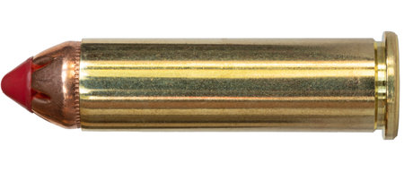 Red polymer on the bullet end of this cartridge ensures safety under recoil when using a lever action rifle and improves downrange performance in the magnum chambering.の写真素材