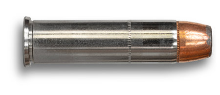 Shadow below a nickel plated 357 magazine cartridge with a copper plated hollow point bullet on a white background.の写真素材