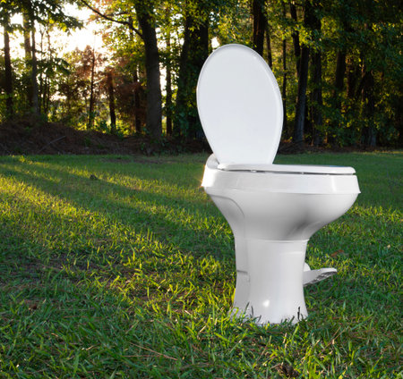 The camper trailer toilet looks like it's ready for customers with the lid open, but it's on a grassy field not in a travel trailer with sunlight coming in from trees behind.の写真素材