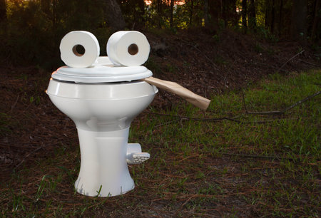 The sun is low behind this toilet that is used often in RVs and travel trailers resting near a forest with what looks like toilet paper eyes and a cigar coming out of the lid.の写真素材