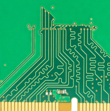 Close-up of some of the wiring that is found on the non-memory module side of personal computer ram.