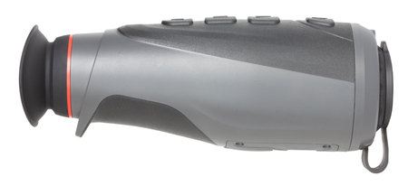 Seen from the side in a studio photo is a monocular that uses thermal imaging technology to see in the dark isolated on a crisp white background.の写真素材