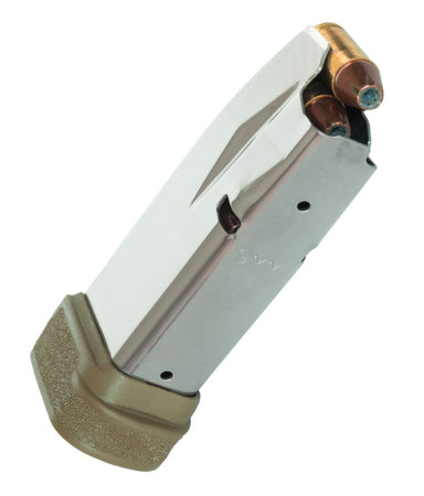 9 mm steel magazine with a double stack design with hollow points loaded for use in a semi-automatic pistol.の写真素材