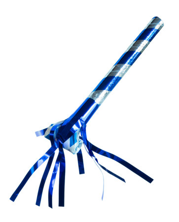 Blue noisemaker with metallic looking streamers isolated and ideal for celebrations that include Christmas, holidays, birthdays and otehr special occasions.の写真素材