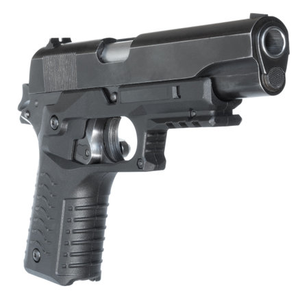 1911 style semi-auto pistol chambered in 45 caliber that has been modified to add a rail for a light or laser angled toward the camera and isolated on a white background.の写真素材