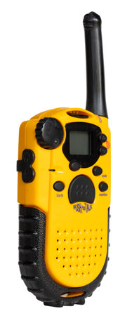 Two way radio that is a walkie talkie designed for UHF frequencies with a yellow body to find easiliy isolated on a white background.の写真素材
