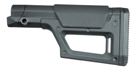 Stock for an assault rifle that has a rubber recoil pad, adjustable cheekpiece and slot for QD sling mounting isolated on a white background.の写真素材