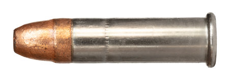Nickel plated casing and copper plated bullet give this 22 caliber rimfire ammo a classic look when it's isolated on a white background.の写真素材